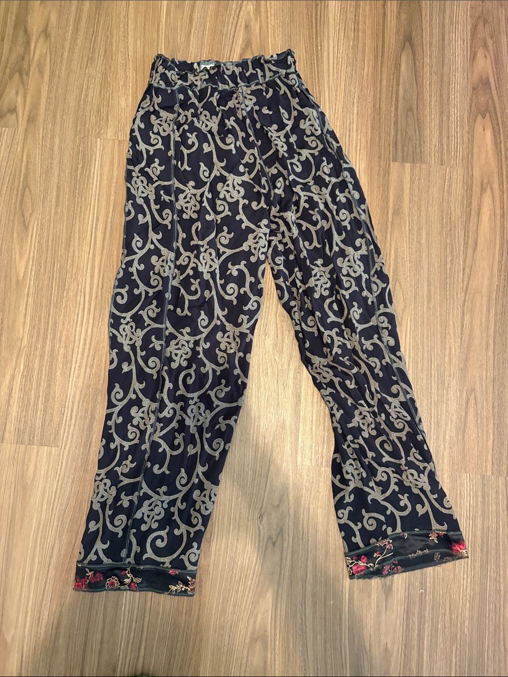 Black Scroll Print Relaxed Trousers with Embroidered Hem